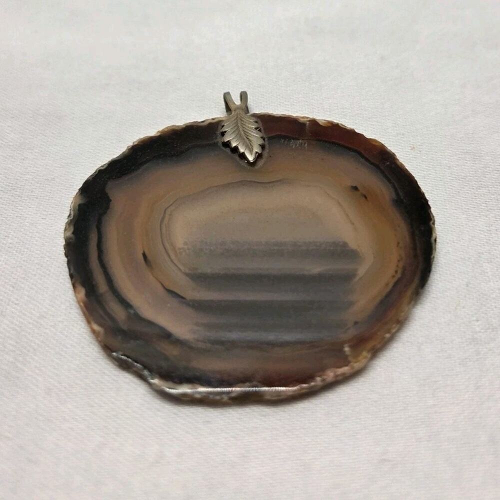 Unbranded Agate Slice Pendant Unisex Brown Banded Stone Leaf Bail Boho Natural